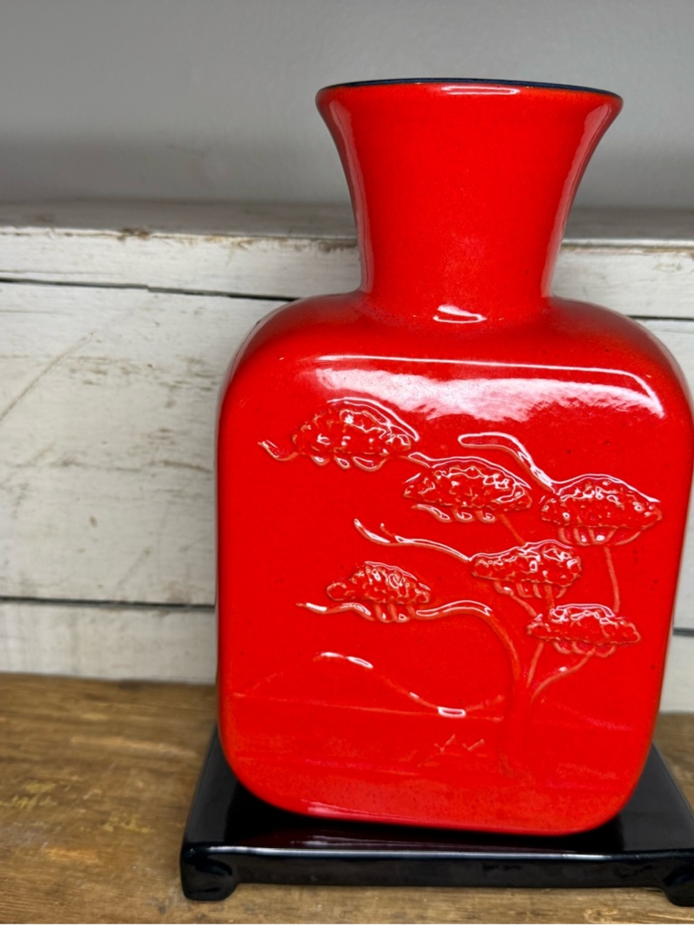 Vintage Frankoma Pottery Vase 10" Flame Red Bonsai V-14 by Joniece Frank w/base